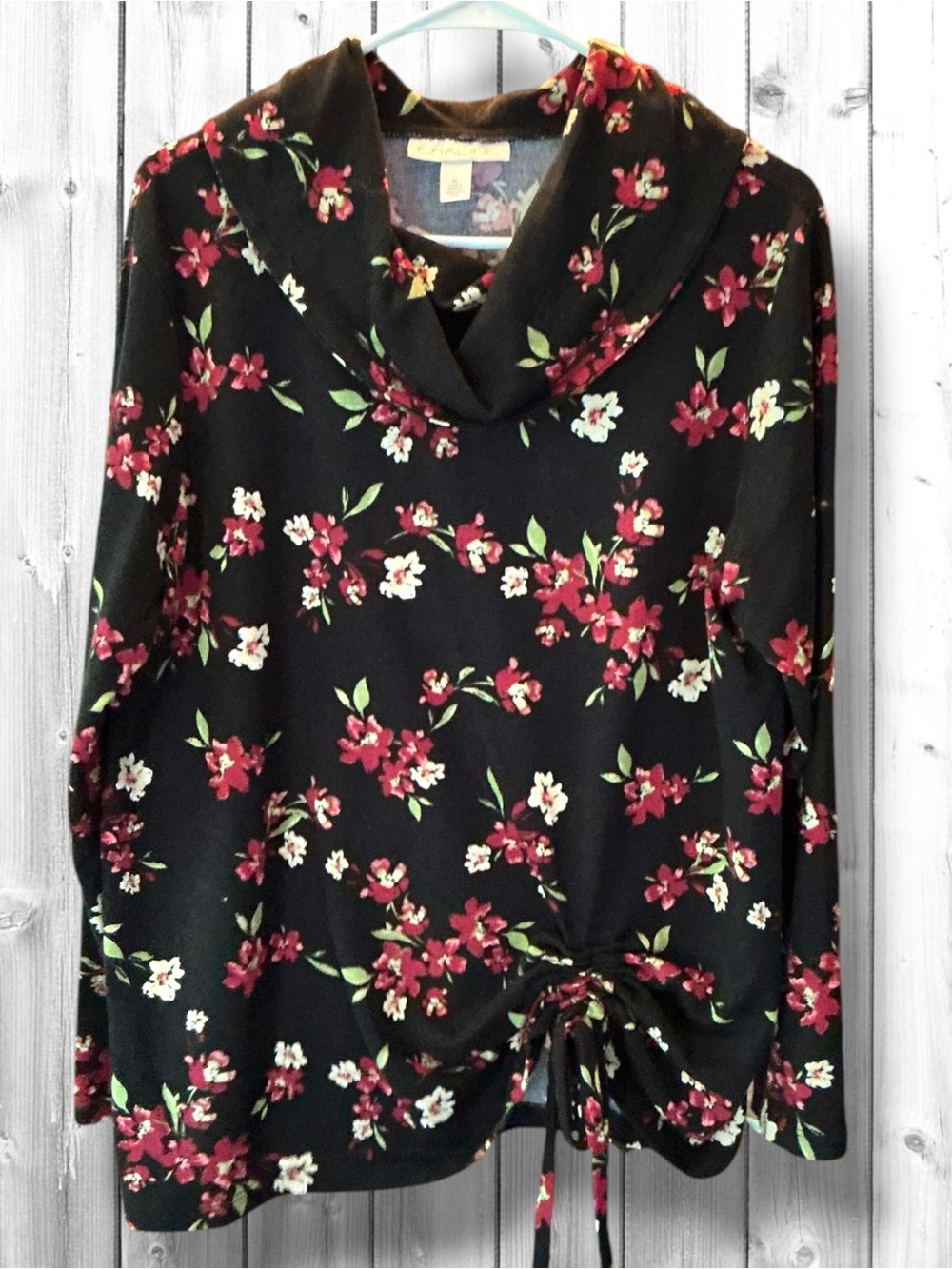 🌼Emaline Black Floral Cowl-Neck Blouse with Drawstring